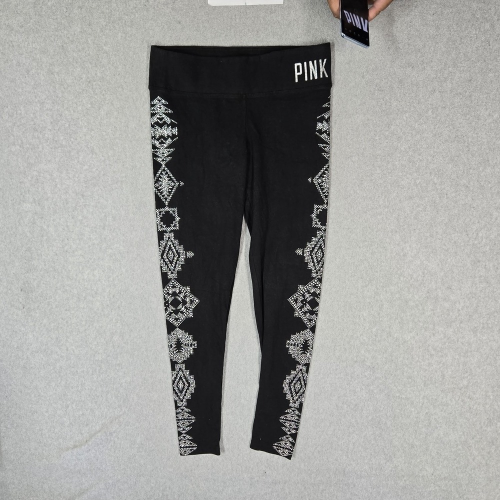 PINK Victoria's Secret Women Activewear Pants S Black Geometric Sequin Bling
